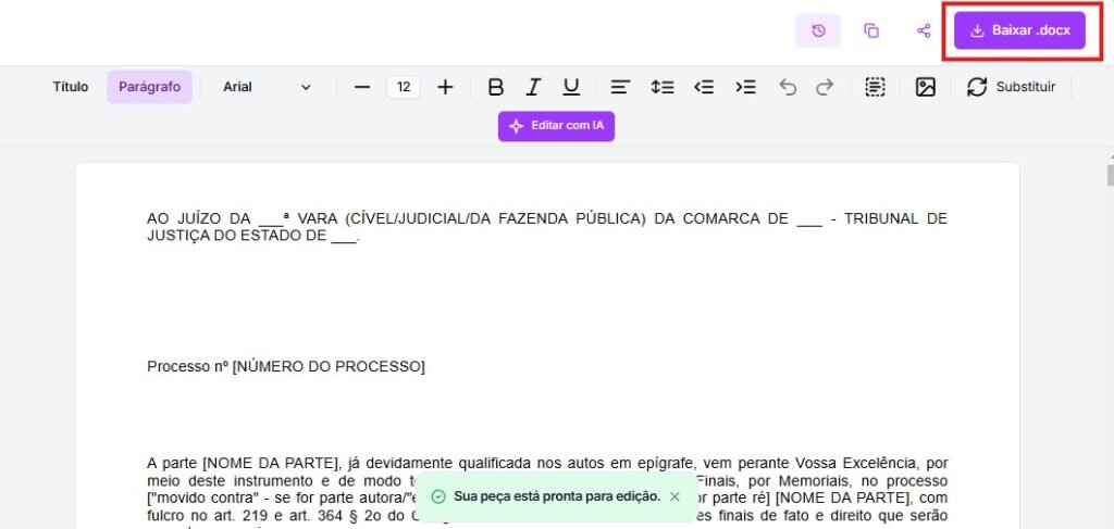 Tela para baixar as alegações finais cíveis 