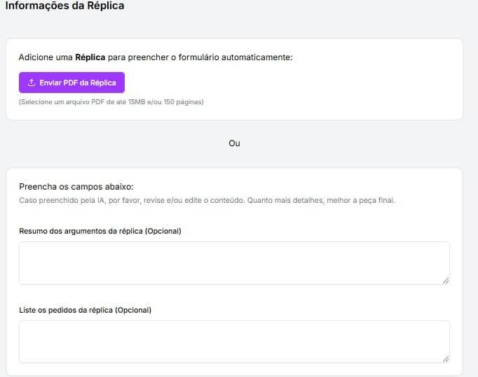 Tela para preencher informações sobre a réplica