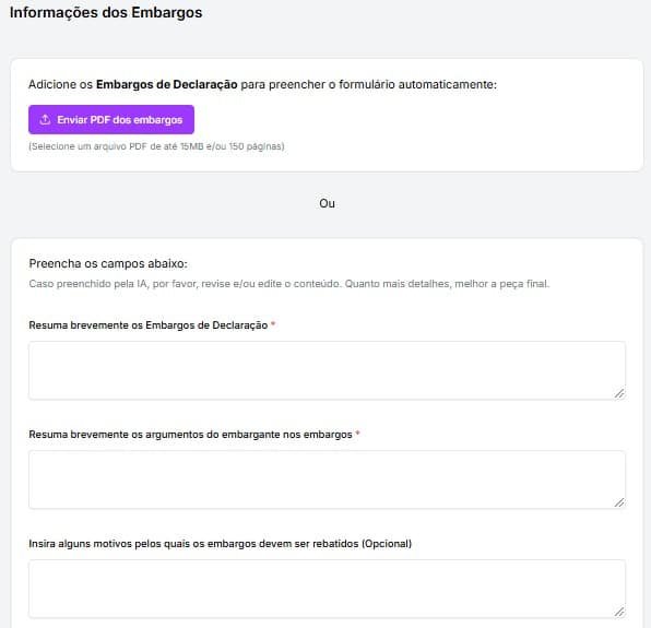 Tela para preencher informações sobre embargos de declaração