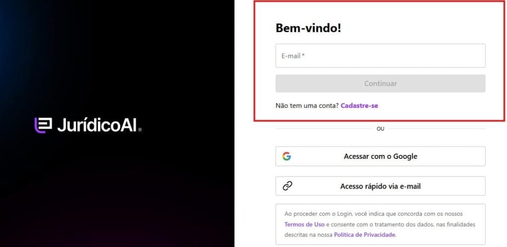 Tela de login na plataforma Jurídico AI